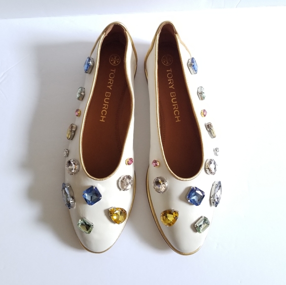 Tory Burch Crystal-Embellished Leather Flat Ballet Ivory Gold Size 9.5 - Picture 10 of 13